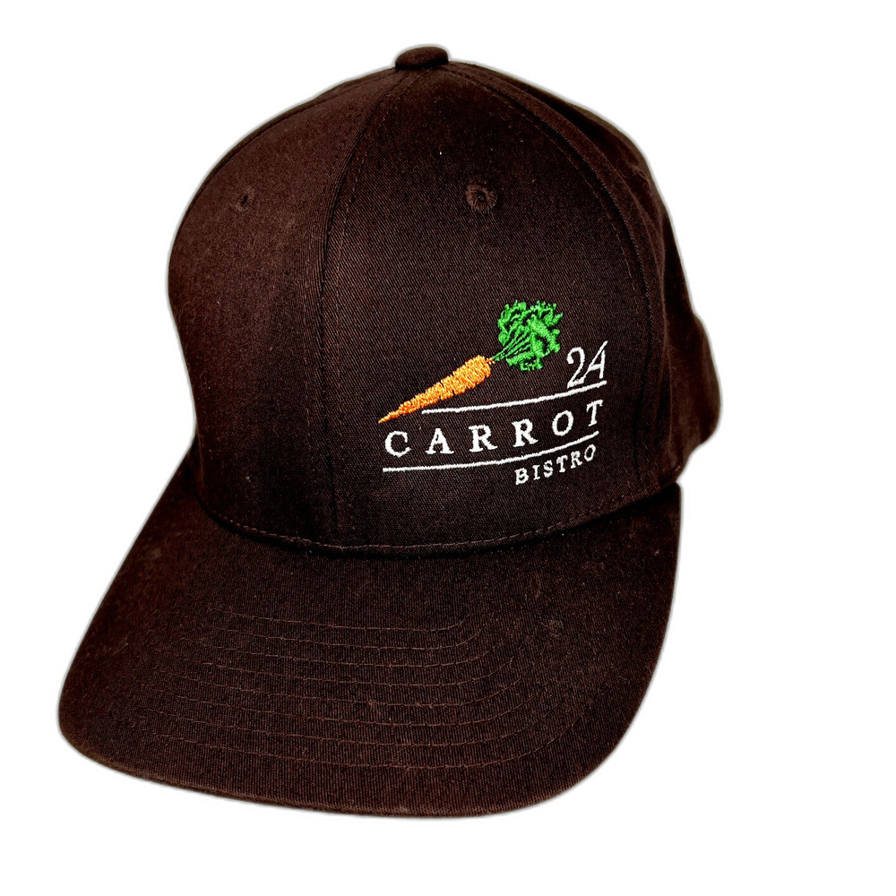 24 Carrot Bistro Trucker Hat Brown Embroidered Carrot Erie Colorado Flexfit L-XL